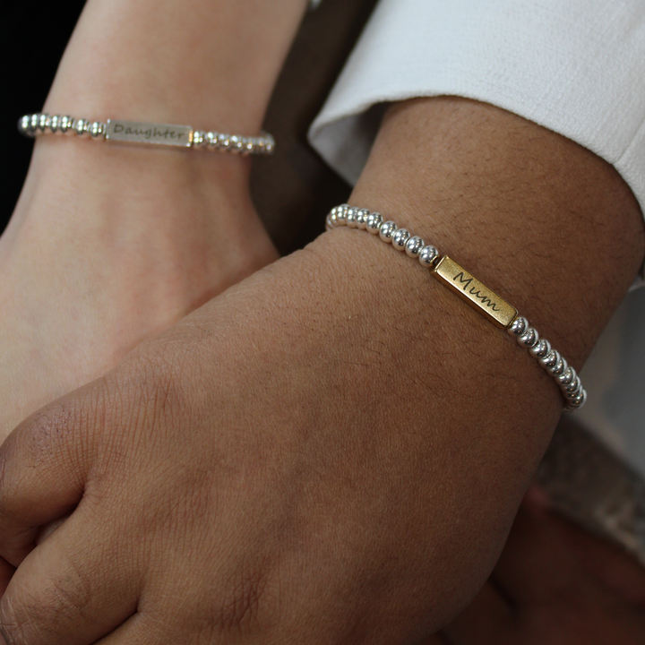 Zara Engravable Bar Personalised Beads Bracelet, Silver & Gold