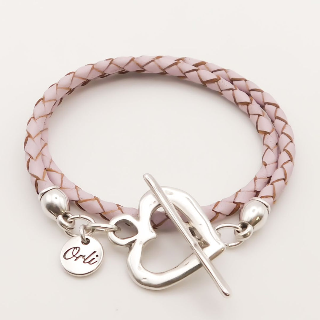 Pleated Leather Wrap Bracelet, Silver & Pink