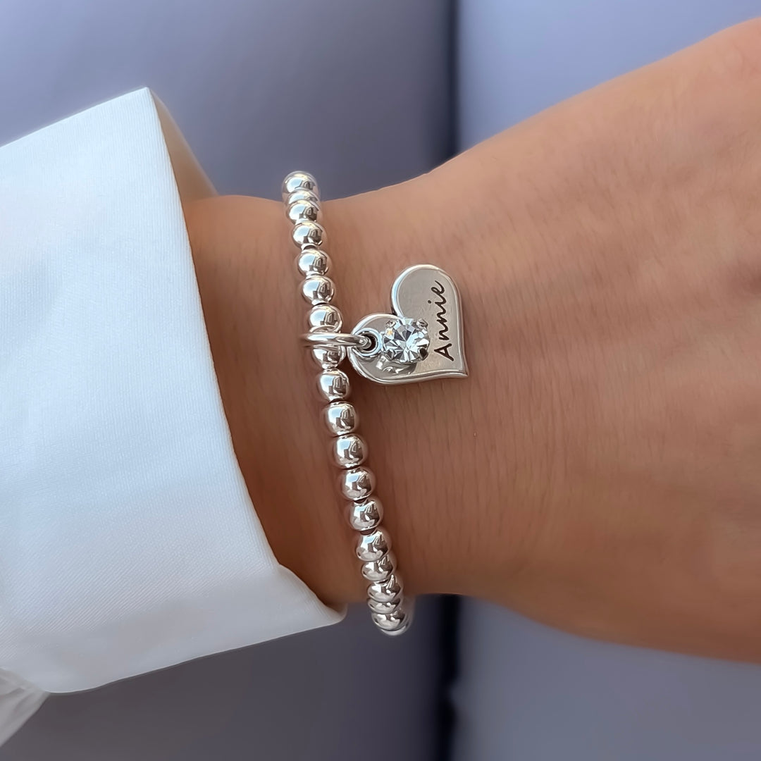 Emily Heart Personalised Birthstone Beads Bracelet, Silver