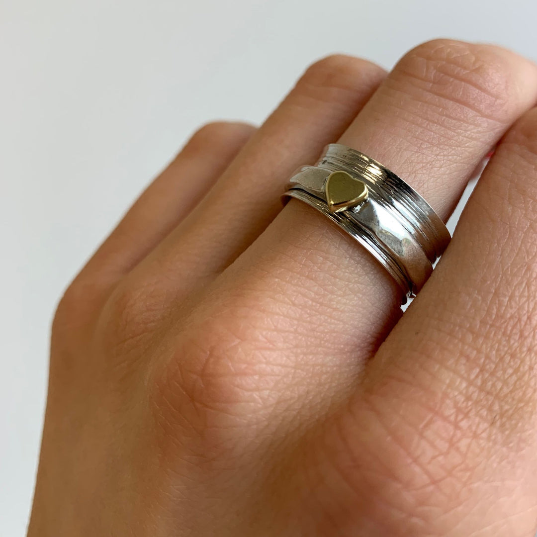 Sterling Silver Spinner Ring with Single Gold Heart