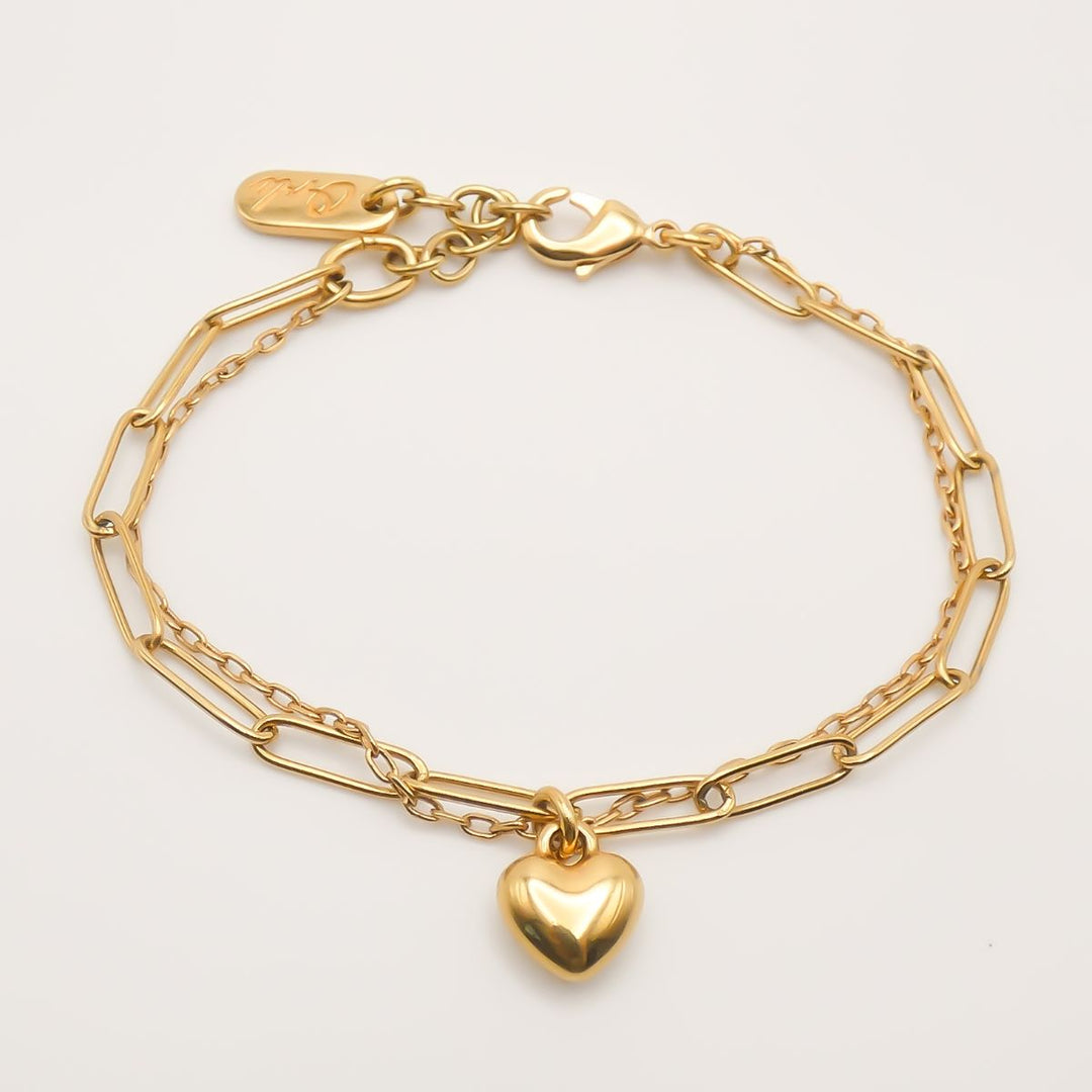 Flash Sale, Double Chain Bracelet with Puffed Heart, Gold