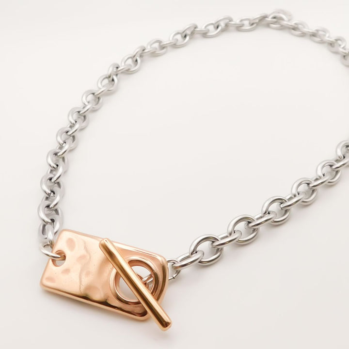 Flash Sale, Chunky Necklace with Hammered Rectangle T-Bar, Silver and Rose Gold