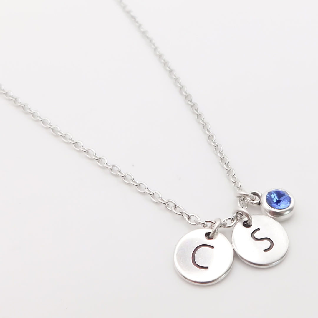 Outlet - Personalised Double Initial disc and Birthstone Necklace