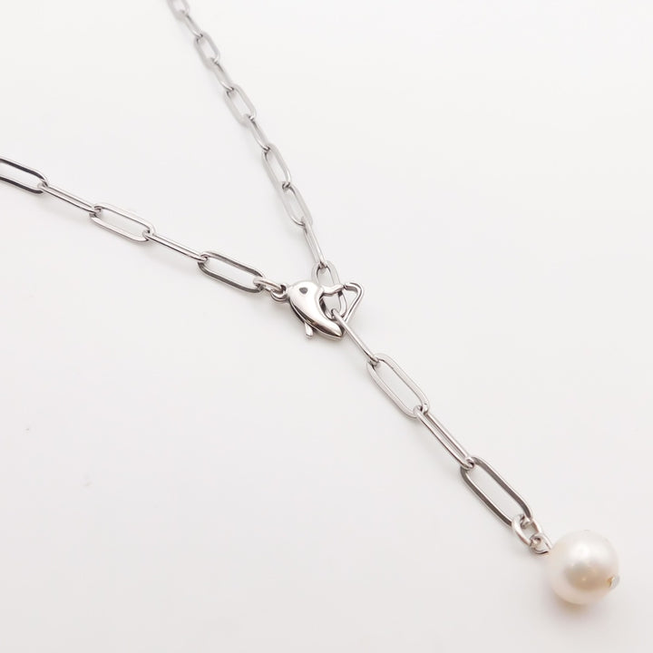 Adjustable Heart Clasp Paperclip Pearl Necklace, Silver