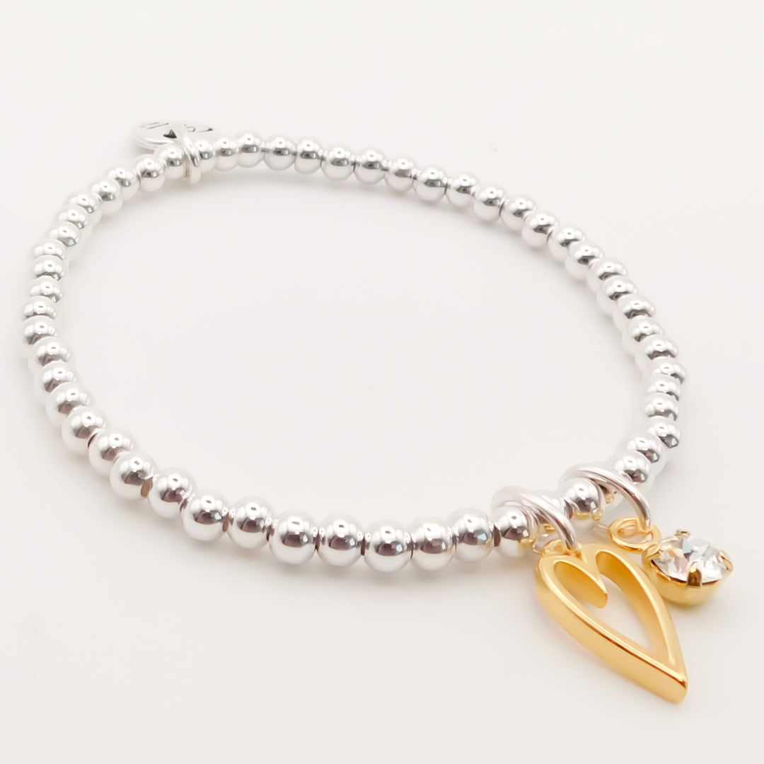 Mini Open Heart and Birthstone Personalised Beads Bracelet, Silver and Gold