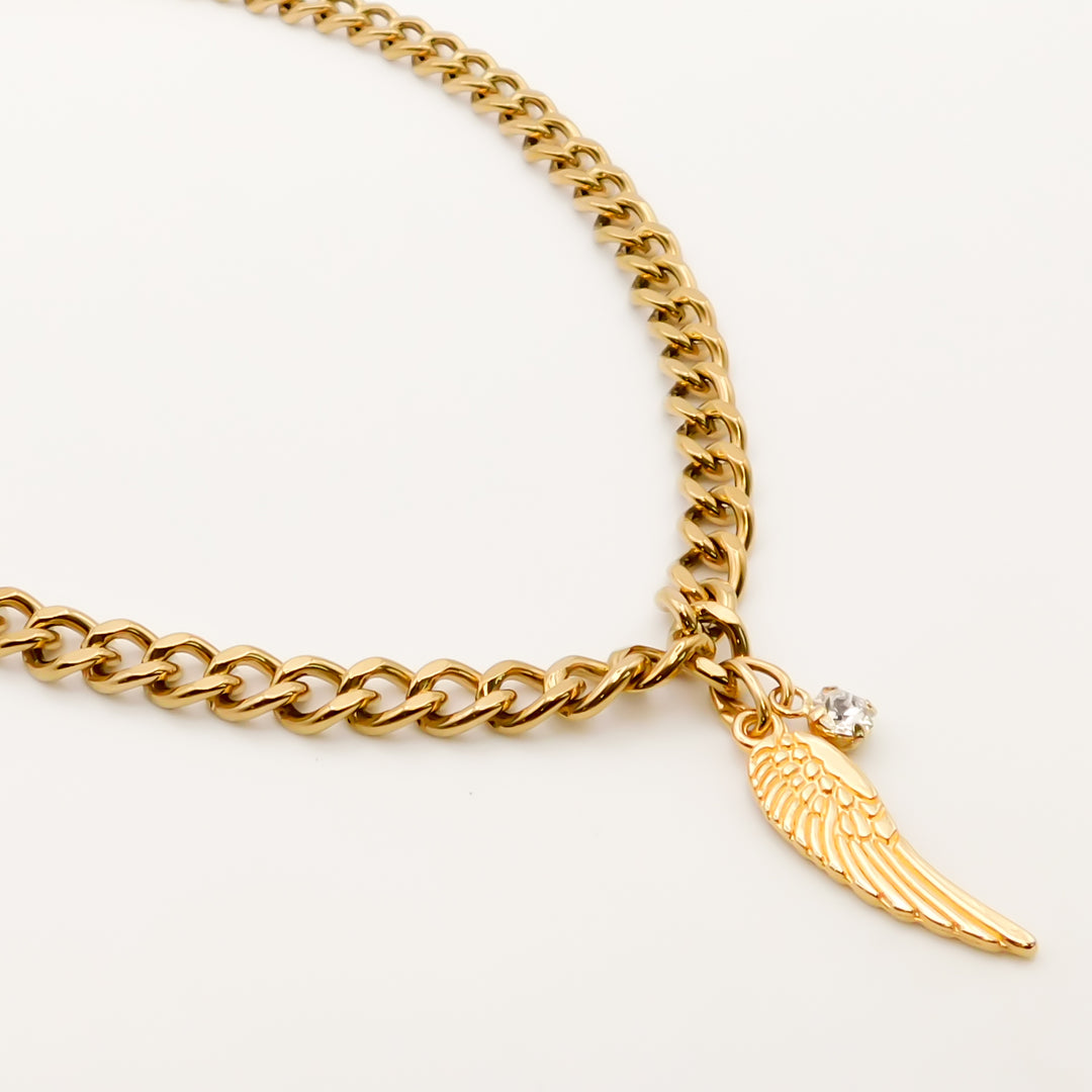 Flash Sale, Chunky Curb Necklace with Angel Wing and Crystal, Gold