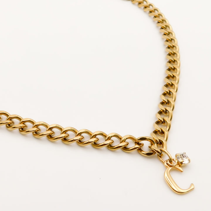 Flash Sale, Chunky Curb Necklace with Initial and Crystal, Gold