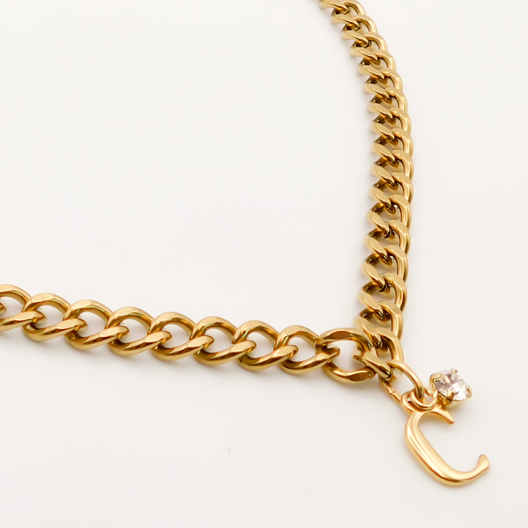 Flash Sale, Chunky Curb Necklace with Initial and Crystal, Gold
