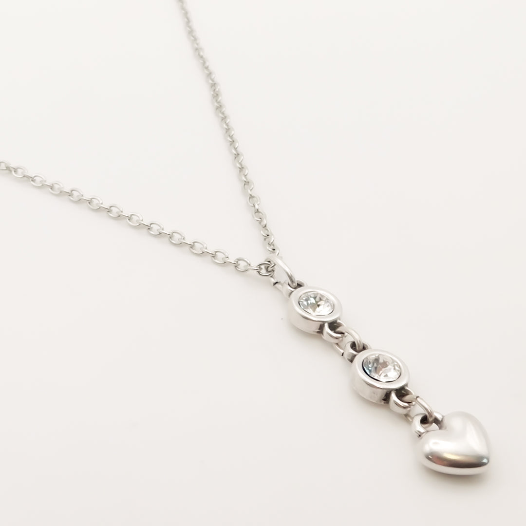 Flash Sale, Fine Chain Necklace with Crystals and Puffed Heart, Silver