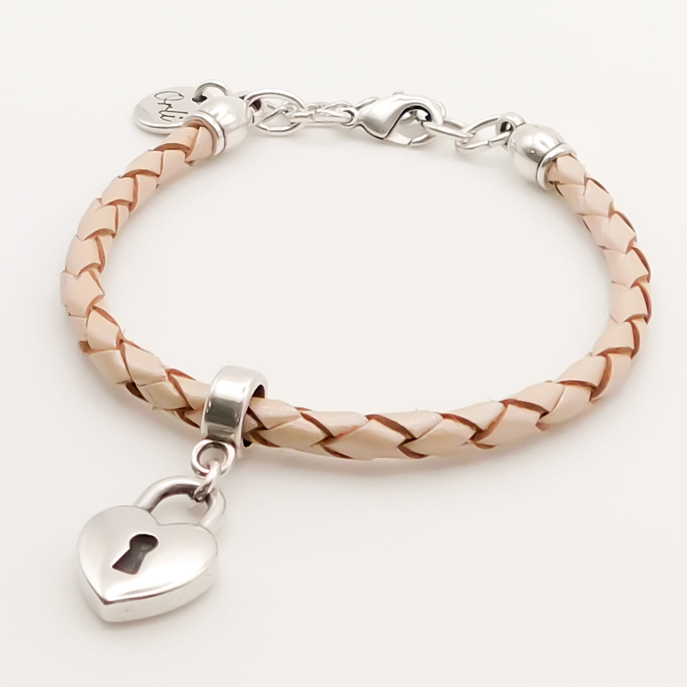 Flash Sale, Pleated Leather Bracelet with Heart Lock, Silver