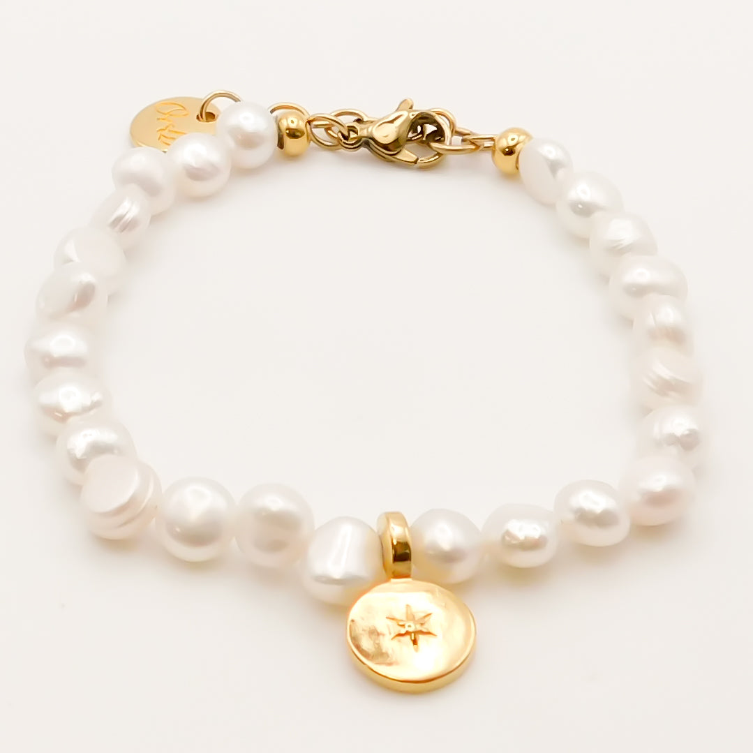 Flash Sale, Pearl Bracelet with Circle Star Charm, Gold
