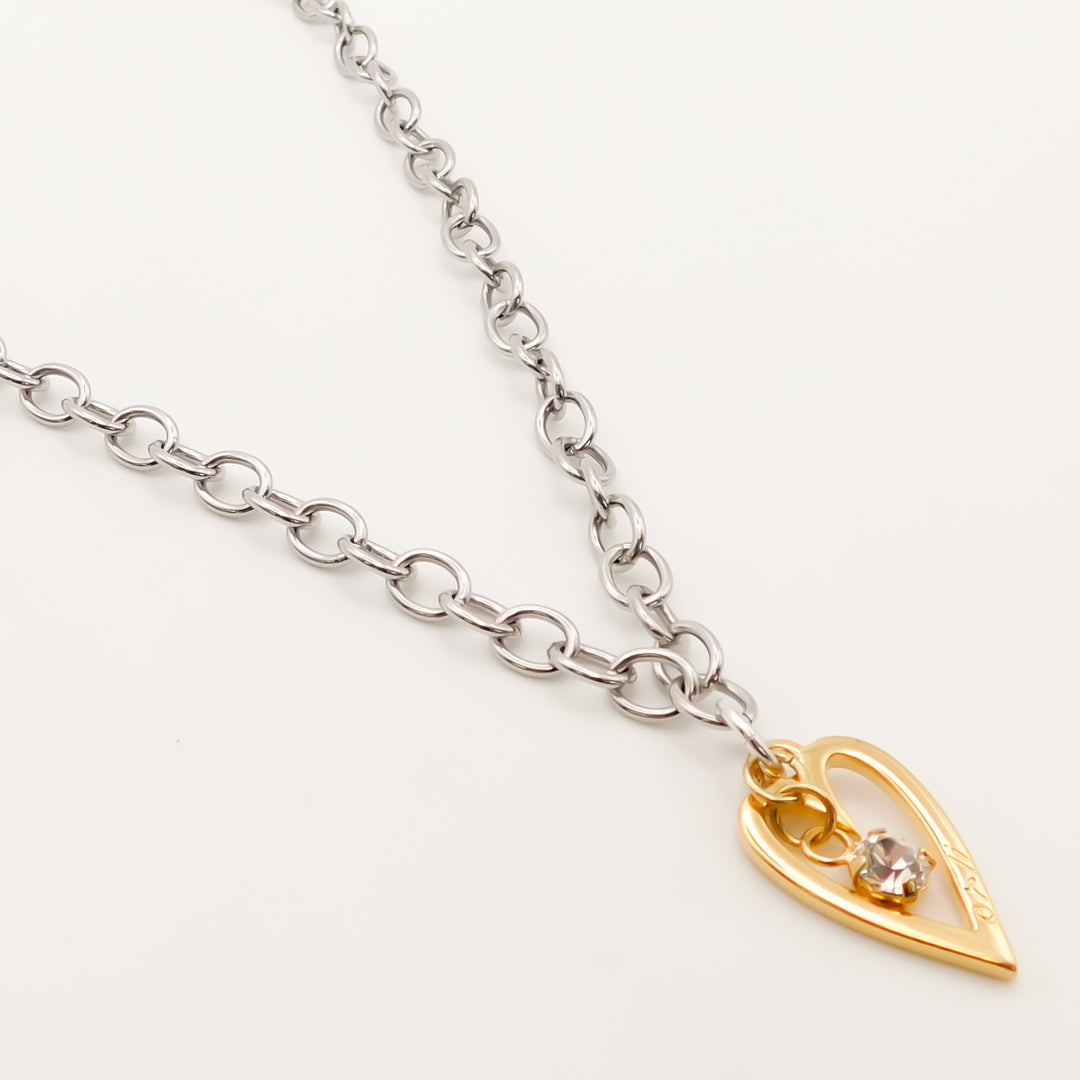 Flash Sale, Link Chain Necklace with Open Heart and Crystal, Gold and Silver