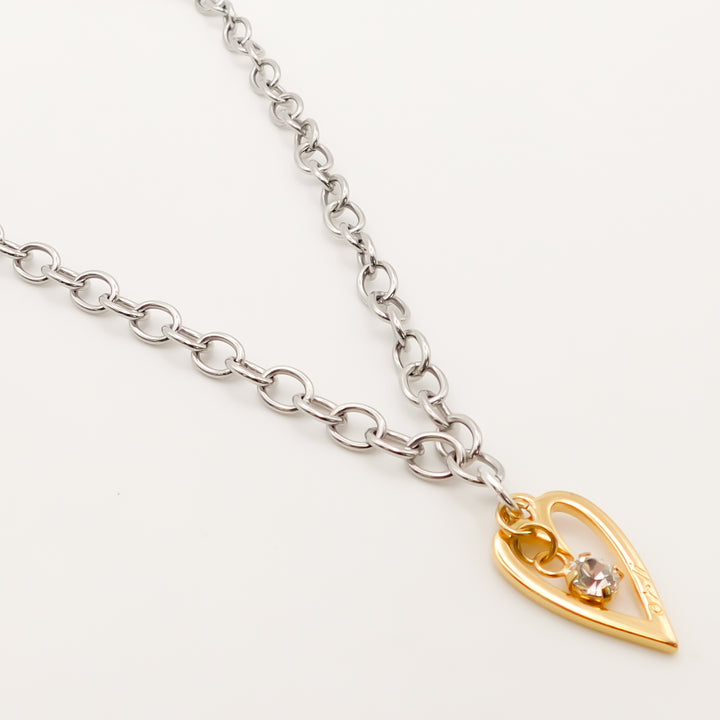 Flash Sale, Link Chain Necklace with Open Heart and Crystal, Gold and Silver