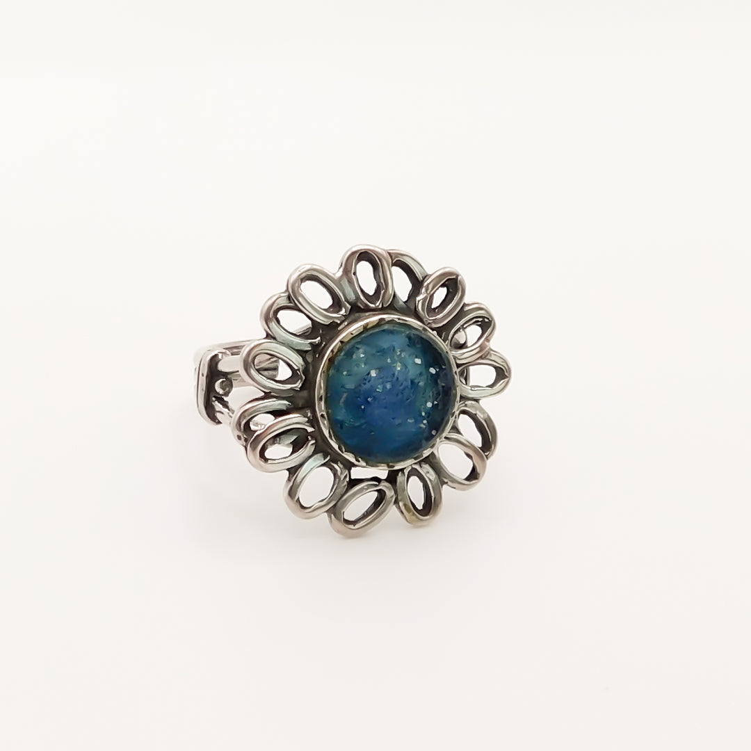 Flash Sale, Sterling Silver Flower with Blue Stone Ring, Silver