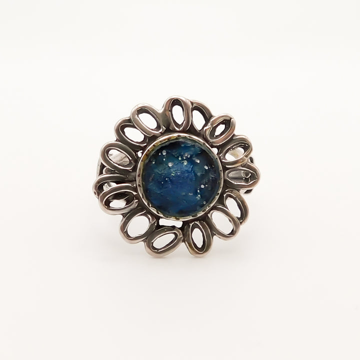 Flash Sale, Sterling Silver Flower with Blue Stone Ring, Silver