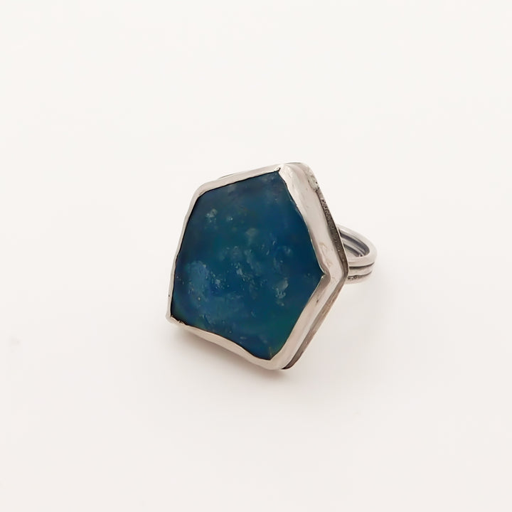 Flash Sale, Sterling Silver Hexagon with Blue Stone Ring, Silver