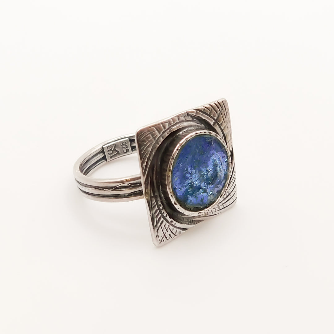 Flash Sale, Sterling Silver Circle and Square Ring with Blue Stone
