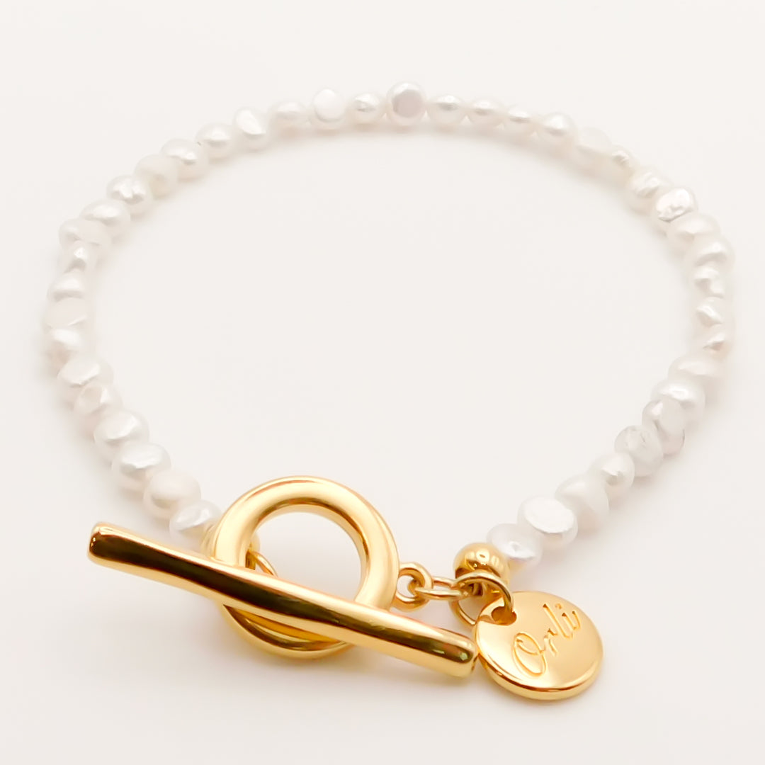 Flash Sale, Freshwater Pearl Bracelet with T-Bar, Gold