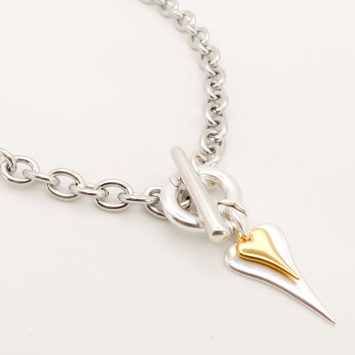 Standard and Mini Hourglass Heart Chunky T-bar Necklace, Silver and Gold