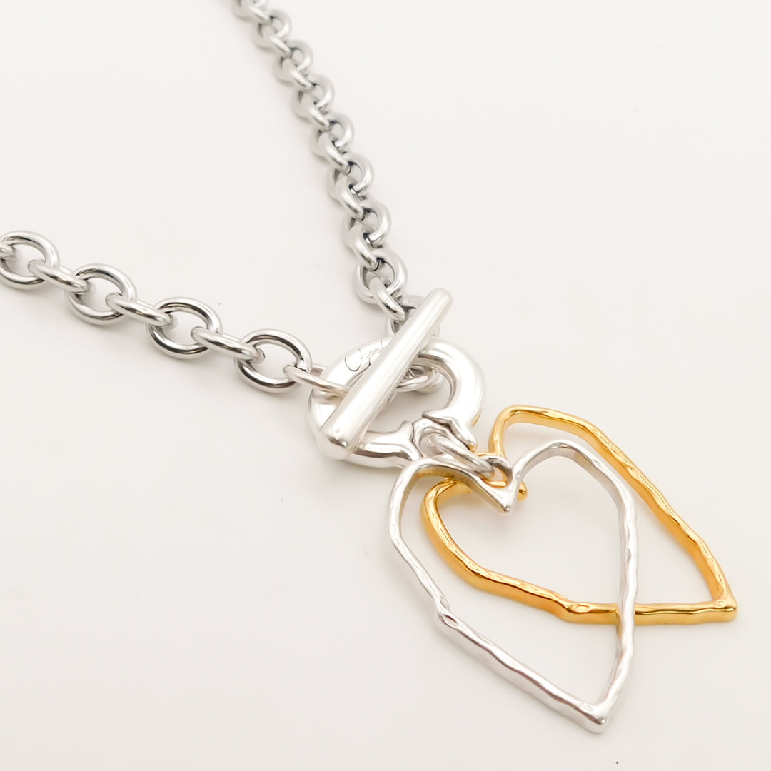 Twin Geometric Heart Chunky T-bar Necklace, Silver and Gold