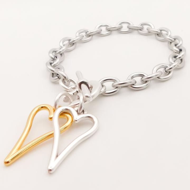 Twin Open Hourglass Heart T-Bar Bracelet, Silver and Gold