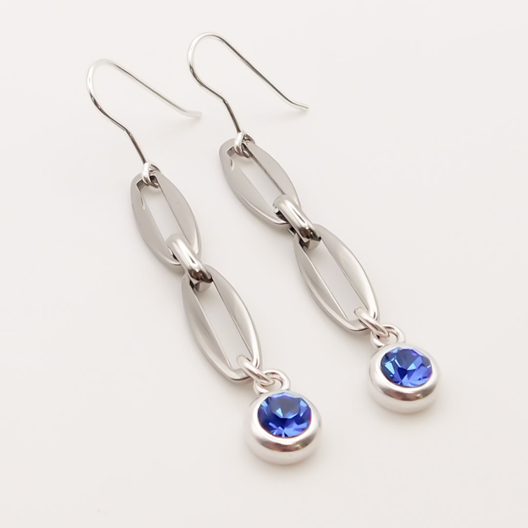 Flash Sale, Long Link Earrings with Sapphire Crystal, Silver