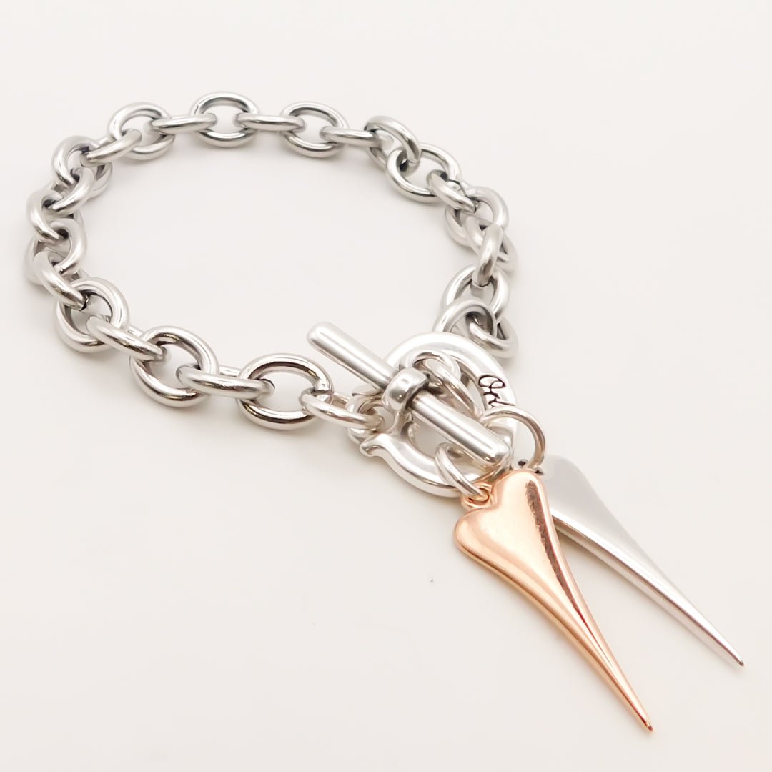 Twin Pointed Heart Chunky Bracelet, Silver & Rose Gold