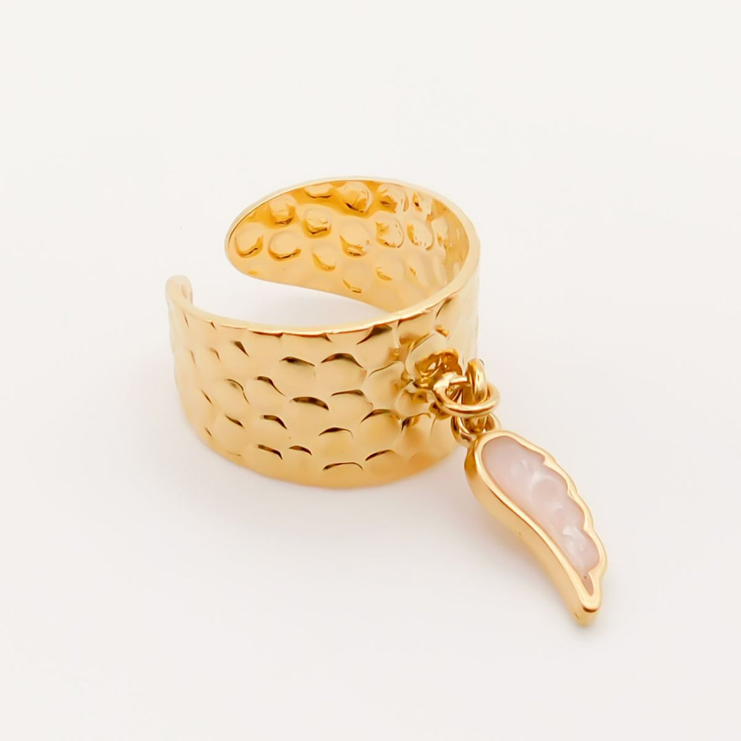 Outlet- Hammered Charm Ring With Enamel Angel Wing, Gold