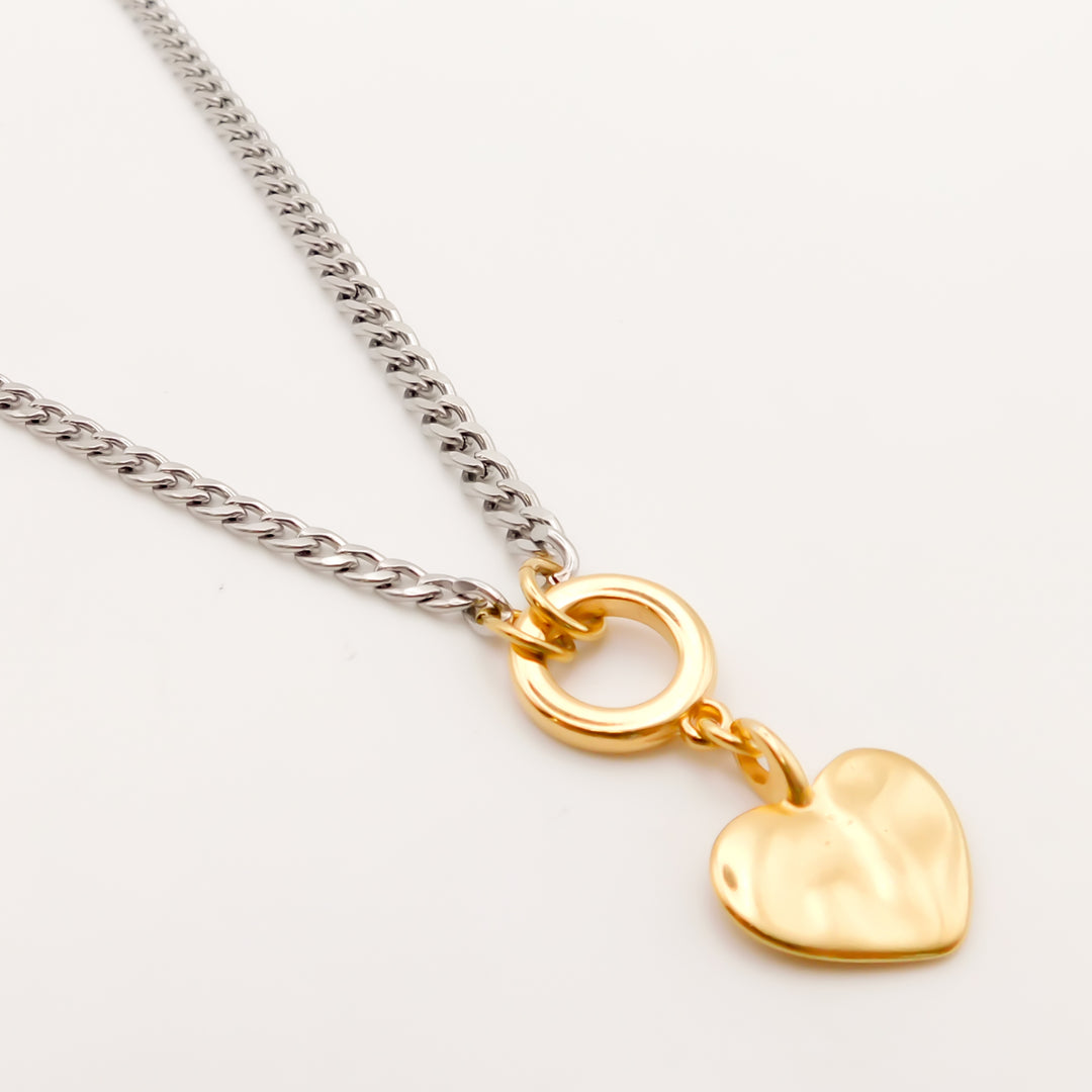 Amor, Hayley Heart Curb Necklace, Silver and Gold