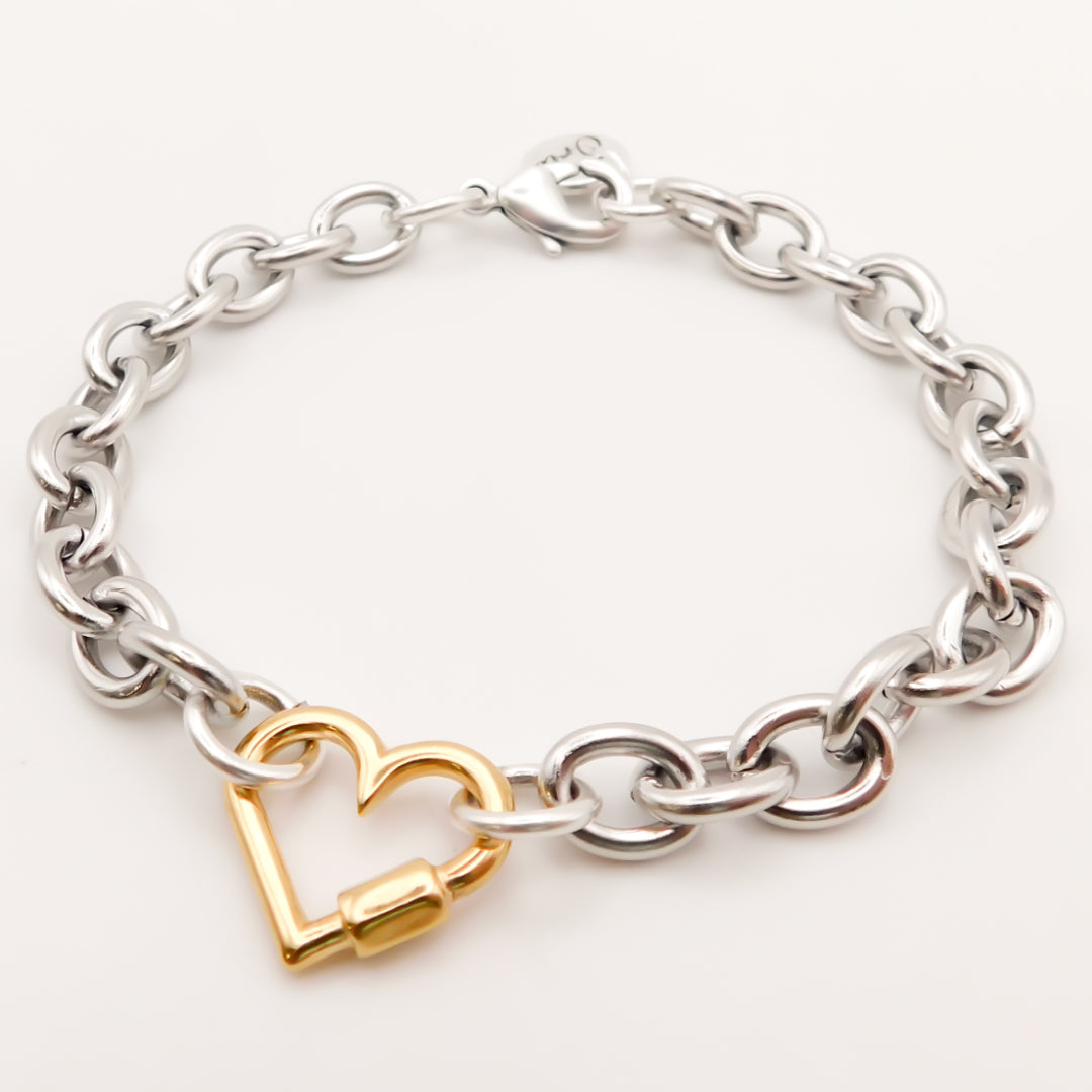 Chunky Oval Chain Bracelet with Heart Lock, Silver and Gold