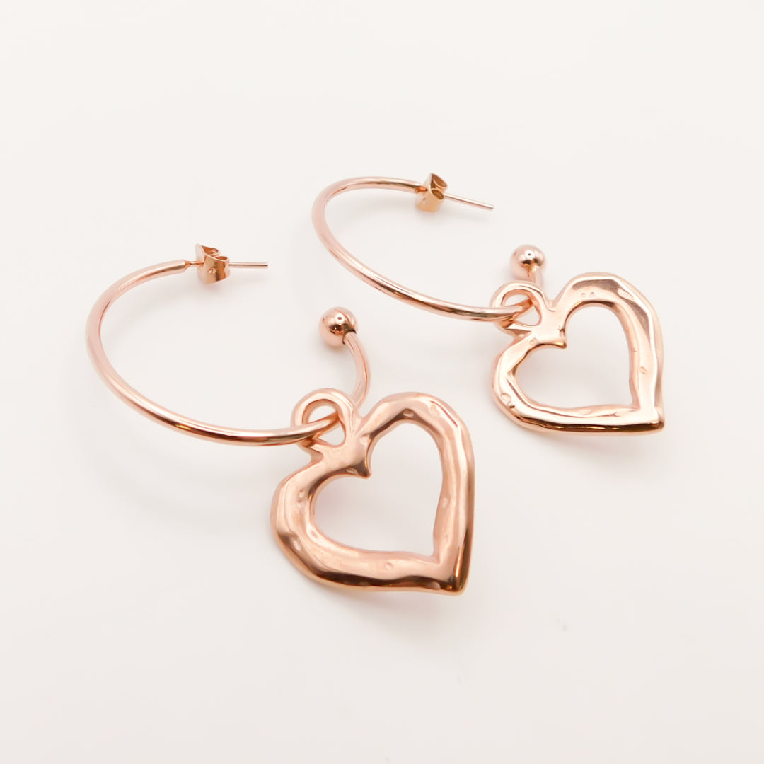 Outlet- Hammered Heart Hoop Earrings, Rose Gold