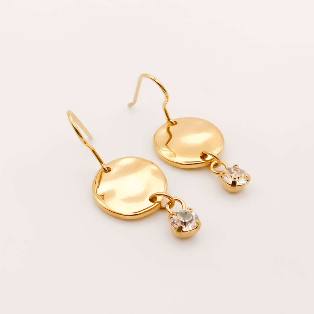 Outlet- Hammered Disc and Crystal Hook Earrings, Gold