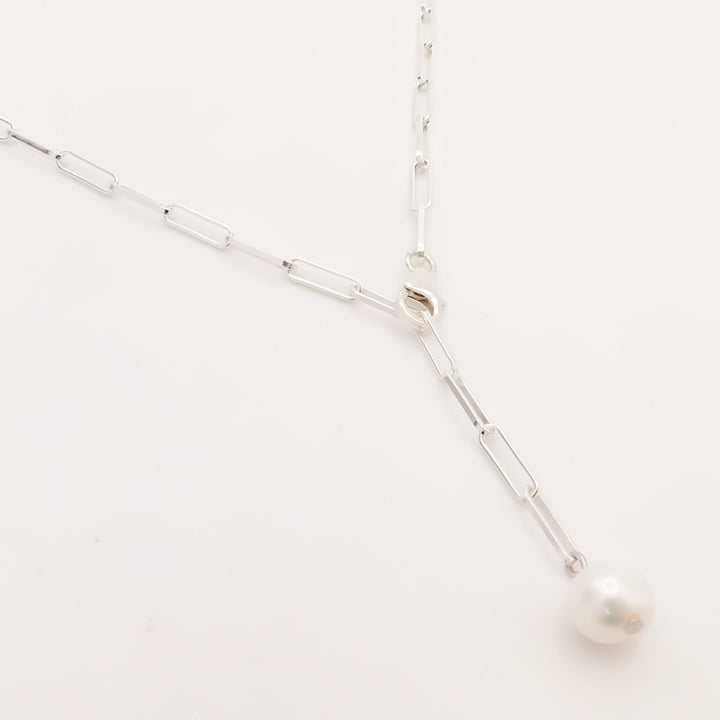 Sterling Silver Adjustable Paperclip Pearl Necklace