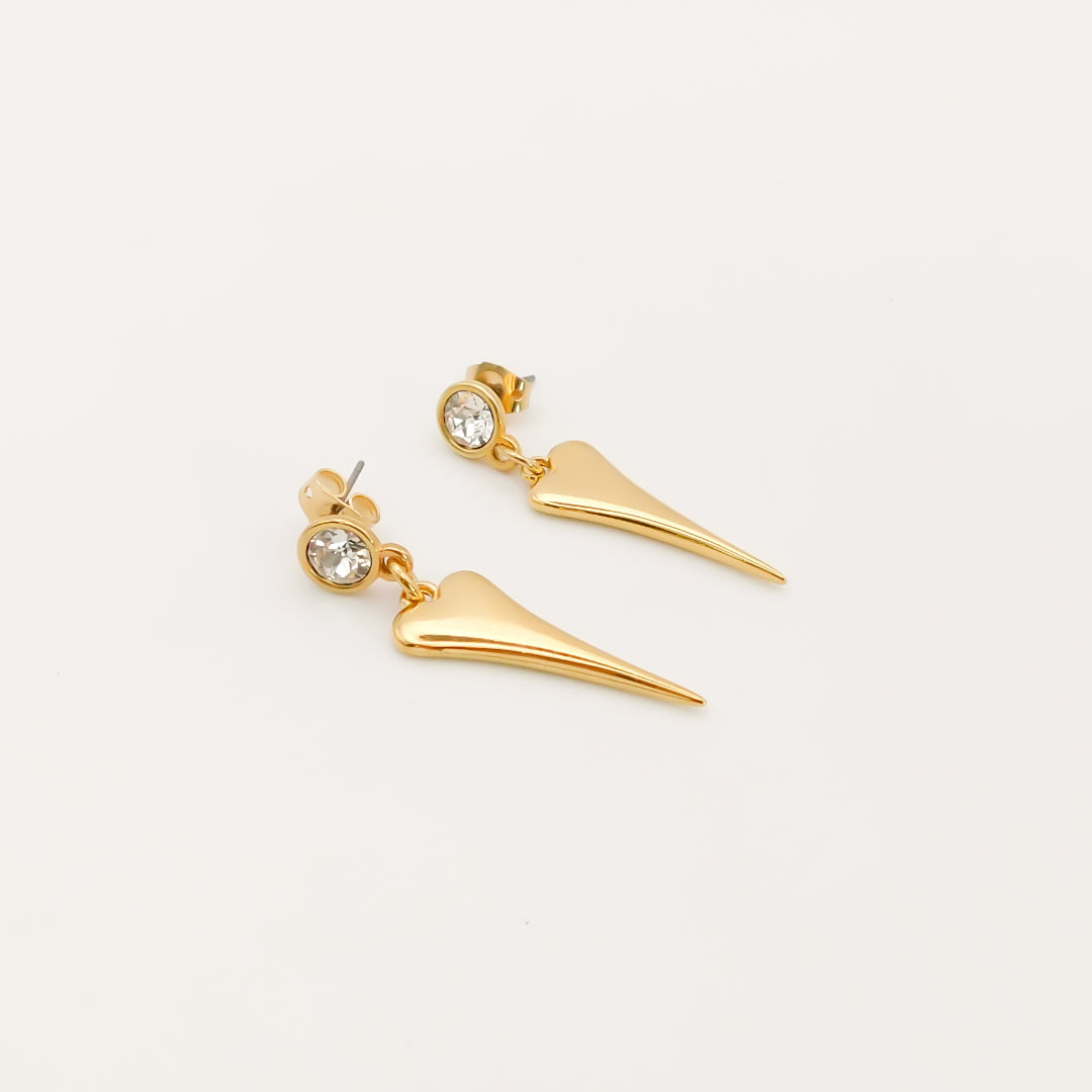 Outlet- Crystal & Pointed Heart Stud Earrings, Gold