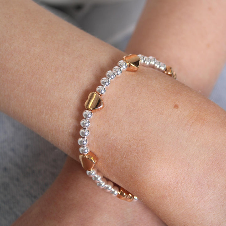 Heart Glider Beads Stretch Bracelet, Silver and Rose Gold