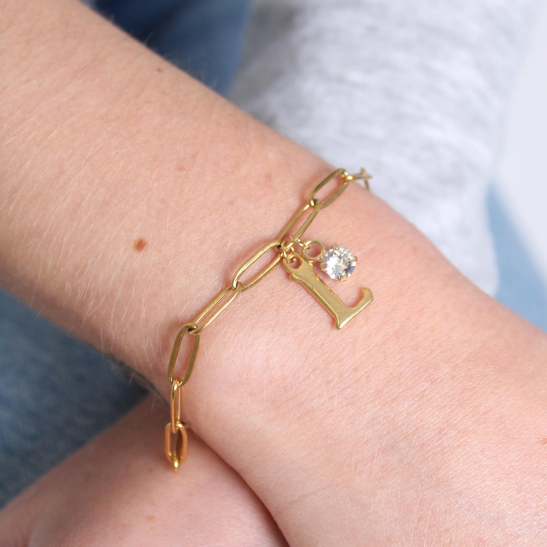 Initial & Birthstone Personalised Paperclip Chain Bracelet, Gold