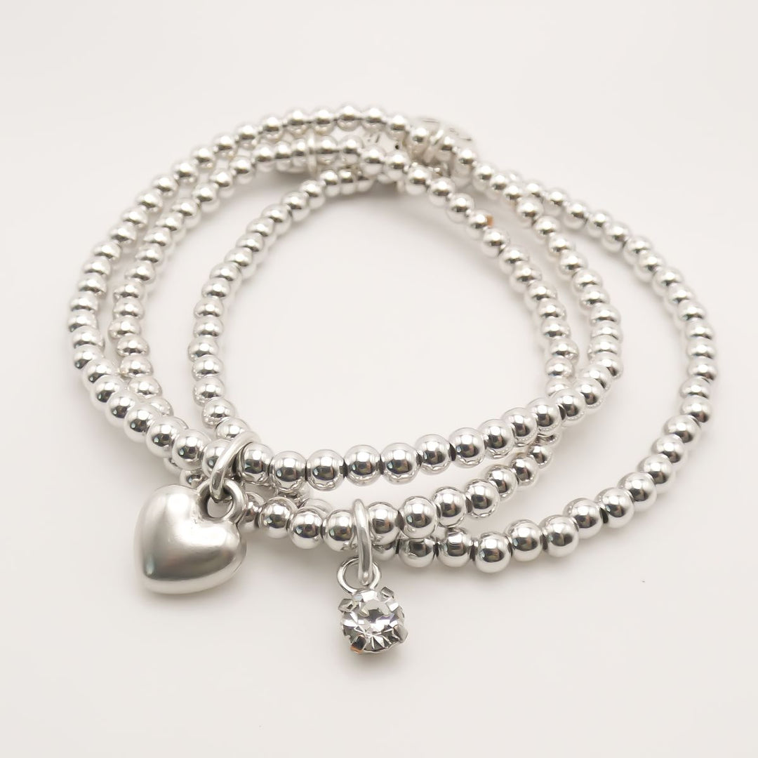 Flash Sale, Puffed Heart Bead Bracelet Set with Crystal, Silver