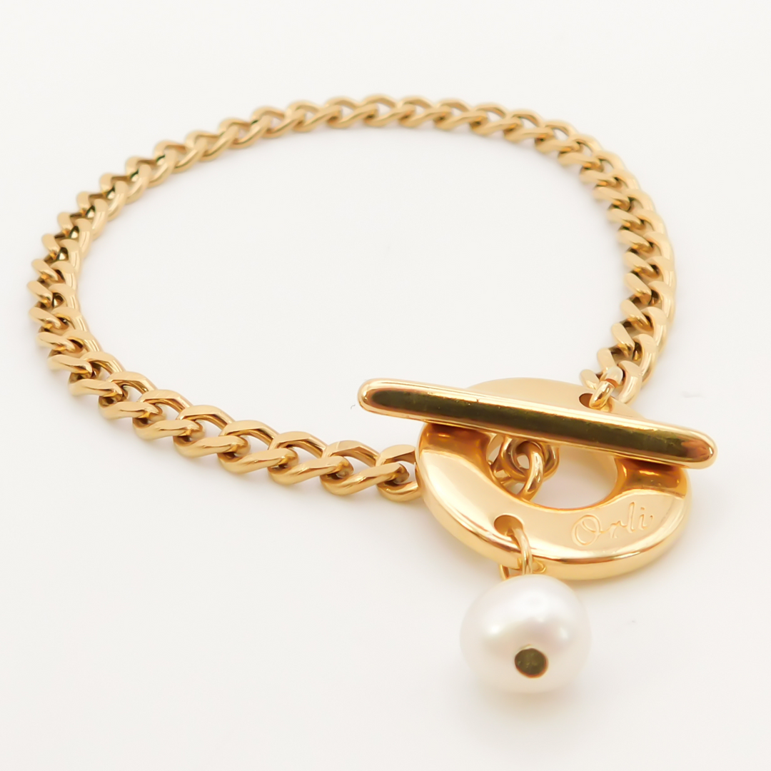 Flash Sale, Curb Chain Bracelet with Pearl, Gold