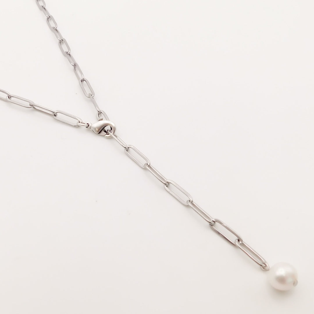 Adjustable Paperclip Pearl Necklace, Silver