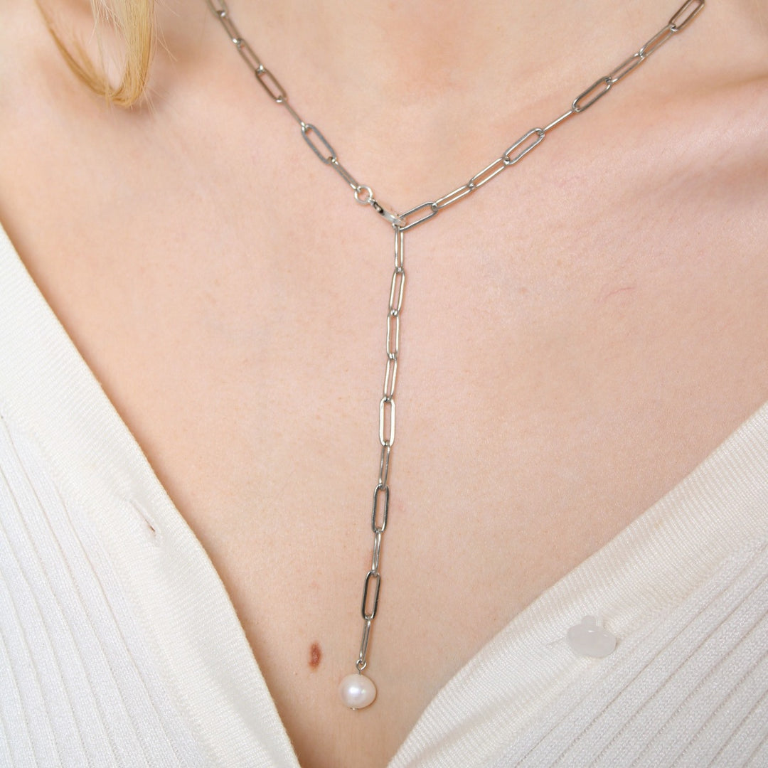 Adjustable Paperclip Pearl Necklace, Silver
