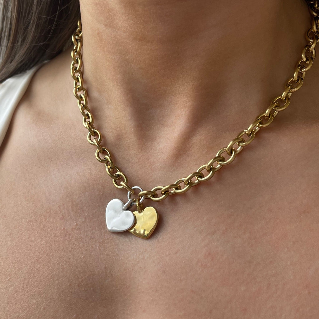 Twin Hayley Heart Chunky Necklace, Gold and Silver