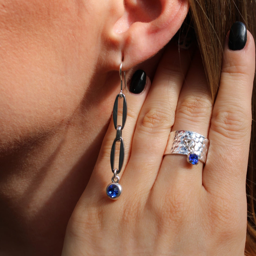 Azure - Long Link Hook Earrings with Crystal, Silver