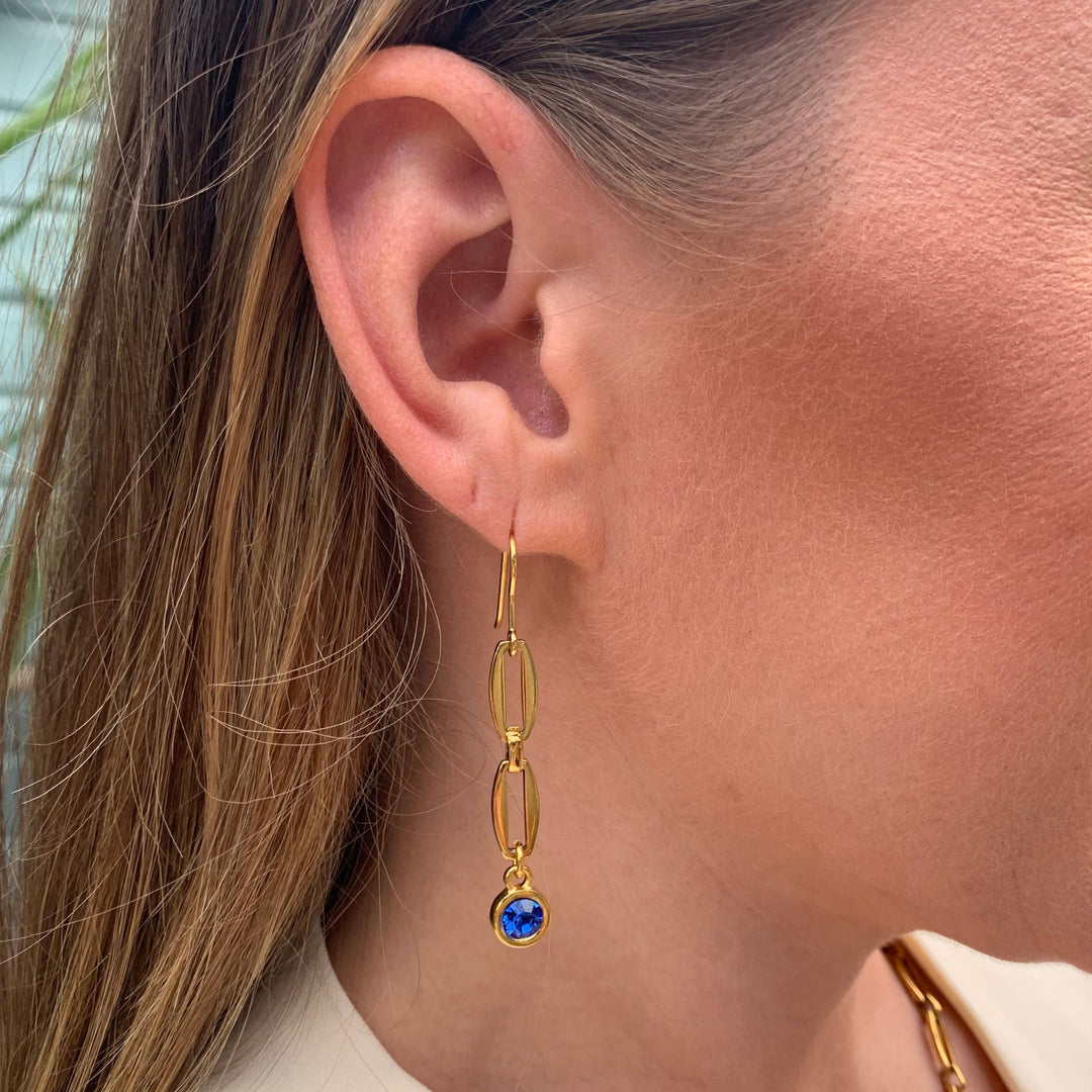 Azure - Long Link Hook Earrings with Crystal, Gold
