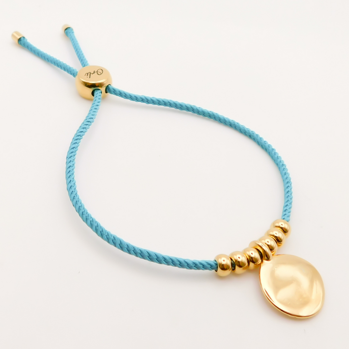 Flash Sale, Blue Friendship Bracelet with Hammered Disc, Gold