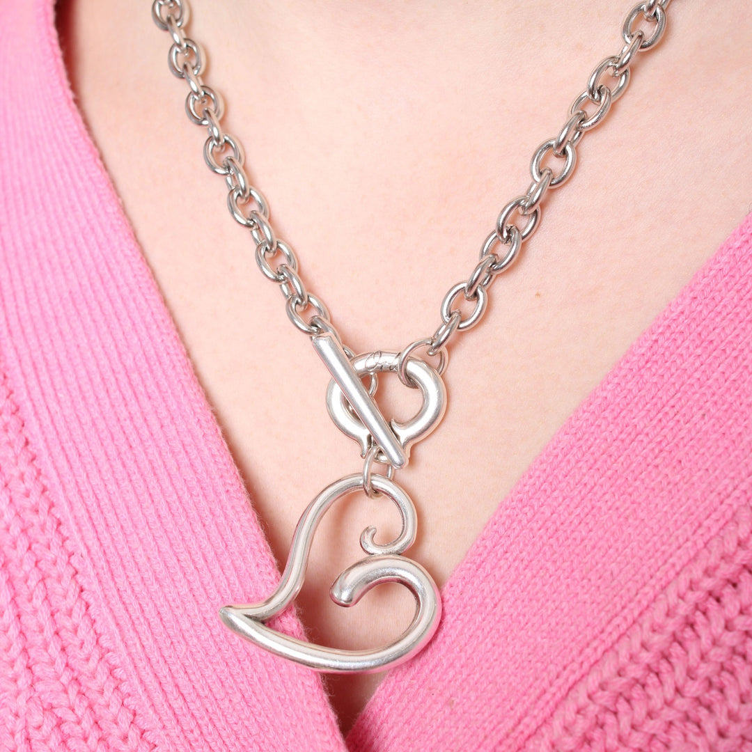 Amor, Louisa Chunky Heart T-bar Necklace, Silver