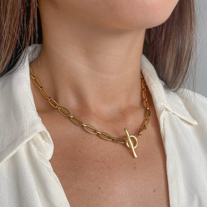 Long Link T-Bar Necklace, Gold