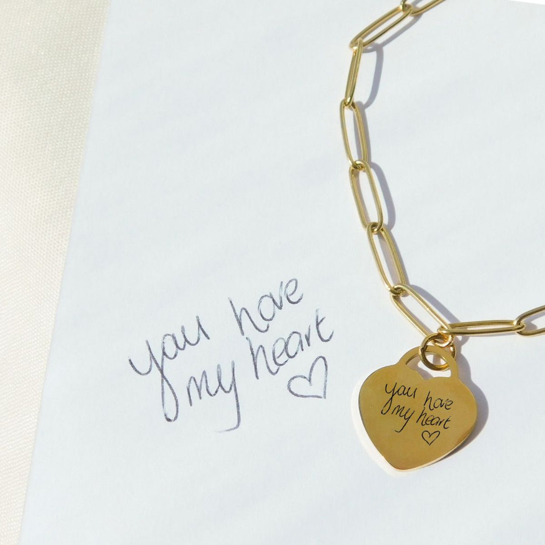Handwritten Engravables- Paige Heart Personalised Paperclip Bracelet, Gold