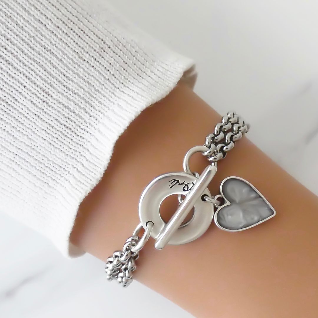 Double Chain Marble Heart Bracelet, Silver
