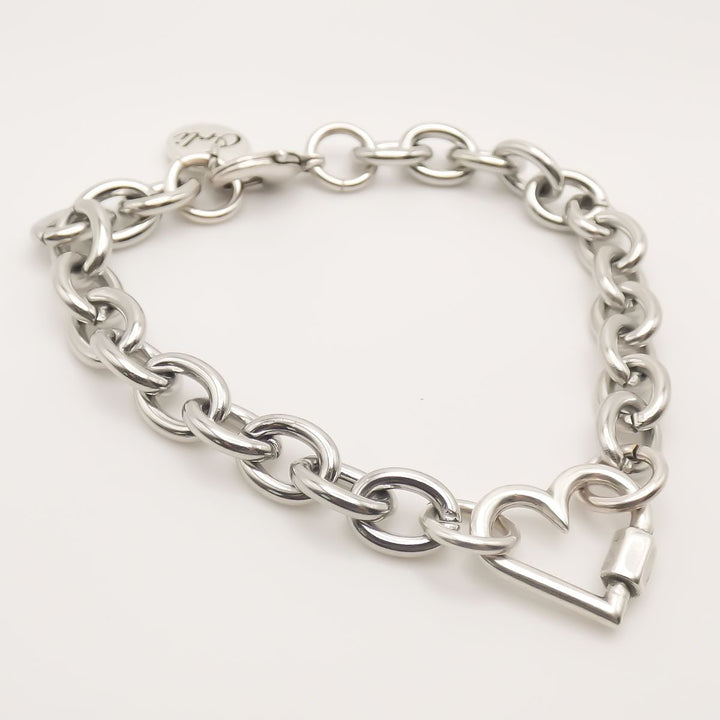 Chunky Oval Chain Bracelet with Heart Lock, Silver