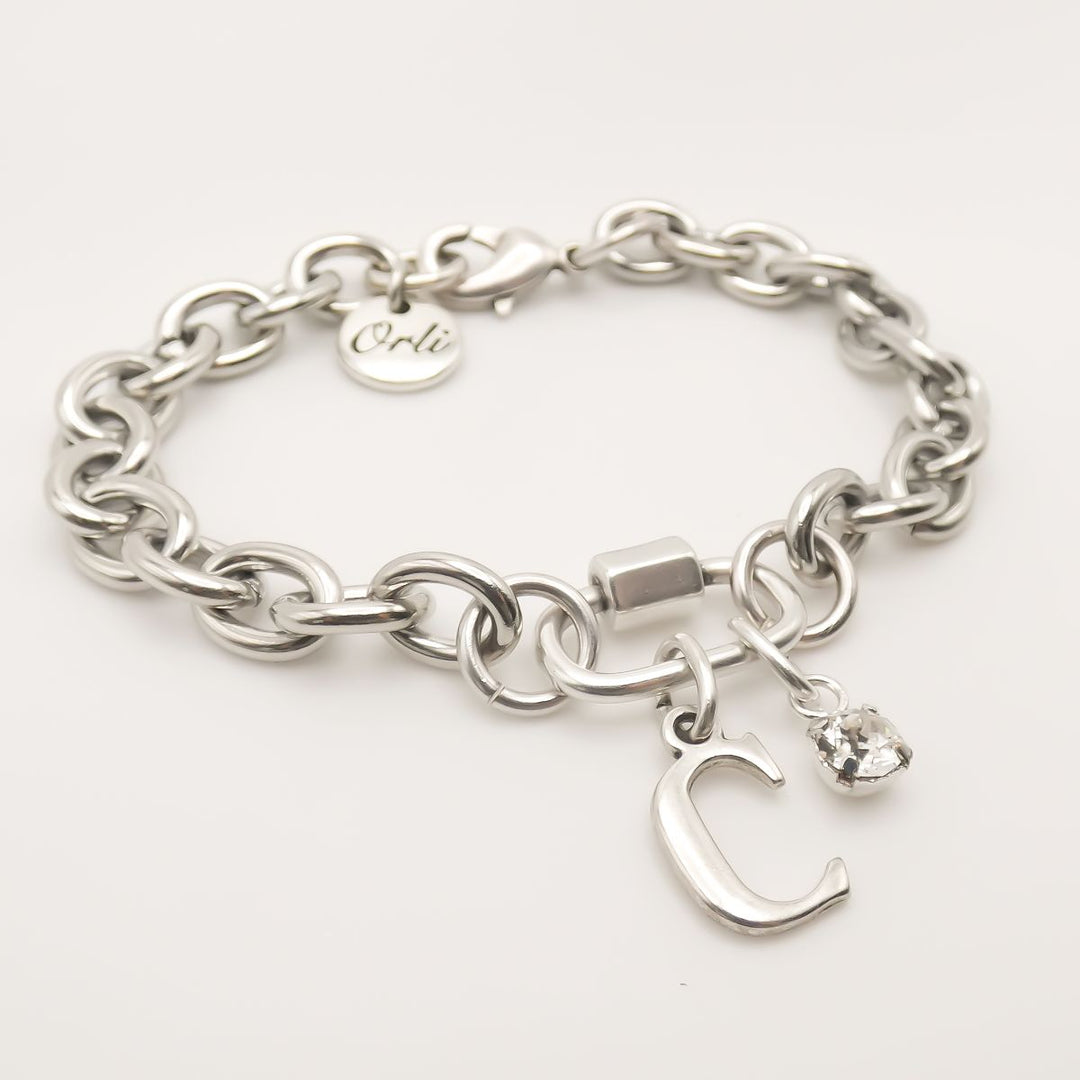 Initial & Birthstone Chunky Oval Lock Personalised Bracelet, Silver